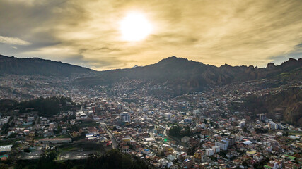 La Paz, Bolivia, aerial view flying over the dense, urban cityscape. San Miguel, southern distric - obrazy, fototapety, plakaty