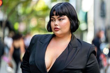 At 32, a radiant plus-sized model with chestnut curls and porcelain skin exudes confidence in a glamorous gown, owning the red carpet at a Hollywood event.