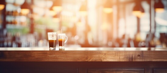 A refreshing glass of beer placed on a wooden bar counter in a cozy pub setting - obrazy, fototapety, plakaty