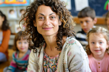 Portrait of teacher smiling at camera in classroom with children in background

