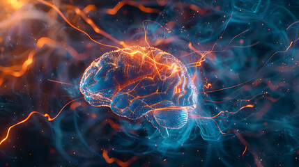 a luminous, 3D representation of the human brain enveloped in electric-like currents. - obrazy, fototapety, plakaty