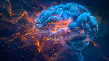 a luminous, 3D representation of the human brain enveloped in electric-like currents. - obrazy, fototapety, plakaty
