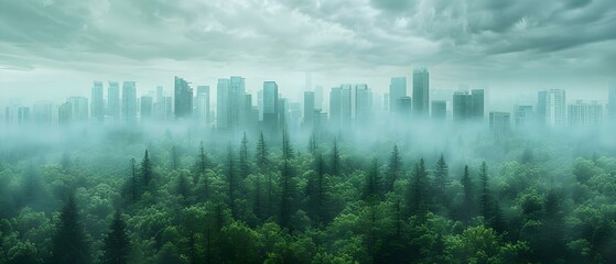 Urban Expansion vs Preservation: City Skylines Encroaching on Dense Forest Backdrop. Concept Urban Development, Deforestation, City Planning, Environmental Conservation, Sustainable Growth