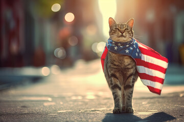 Funny happy patriot cat in New York street with big America flag celebrating 4th of July Independence Day