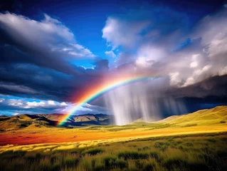 Zelfklevend Fotobehang Majestic Rainbow Over Tranquil Landscape © evening_tao