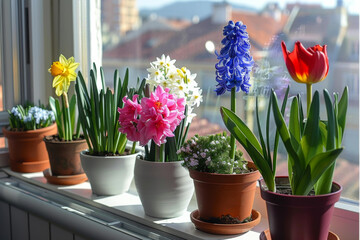 A row of potted flowers on a window sill in a city. Generative AI.
