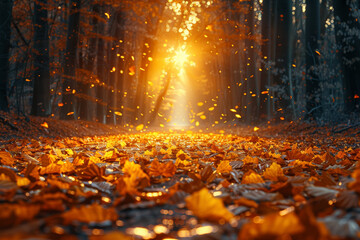 The golden glow of sunlight filtering through autumn leaves, casting a warm and nostalgic light on...