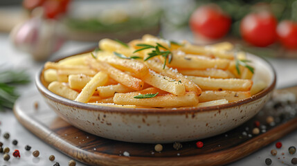 A bowl of french fries with herbs sprinkled on top