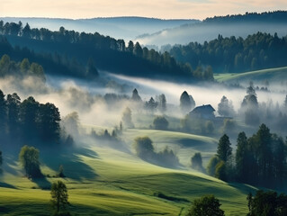 Serene Misty Dawn in a Peaceful Countryside