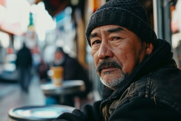 Portrait of an old man in the streets of the city.