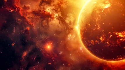 Selbstklebende Fototapeten Fiery planet in a vivid cosmic landscape © edojob