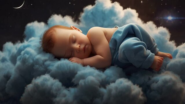 cute baby is sleeping peacefully on a starry cloud, seamless looping animation video background 