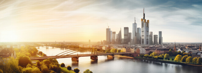 Sunrise Over Modern City Skyline with River - obrazy, fototapety, plakaty