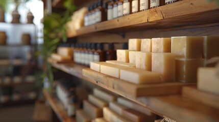 A boutique showcasing handmade soaps and skincare products, with natural ingredients and eco-friendly packaging highlighted in a serene, inviting setting. 