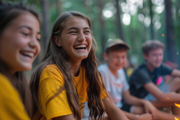 Active young kids, teenagers near campfire, summer camp