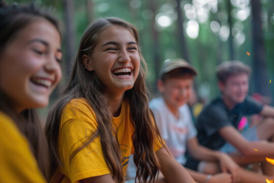 Active young kids, teenagers near campfire, summer camp