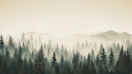 Naklejka na ściany i meble Misty Forest and Mountain Silhouettes at Dawn