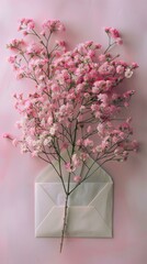 Fototapeta premium A pink flowers are growing out of an envelope on a wall. Generative AI.