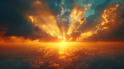Sunlight breaking through storm clouds at sunrise - hope after the storm - obrazy, fototapety, plakaty