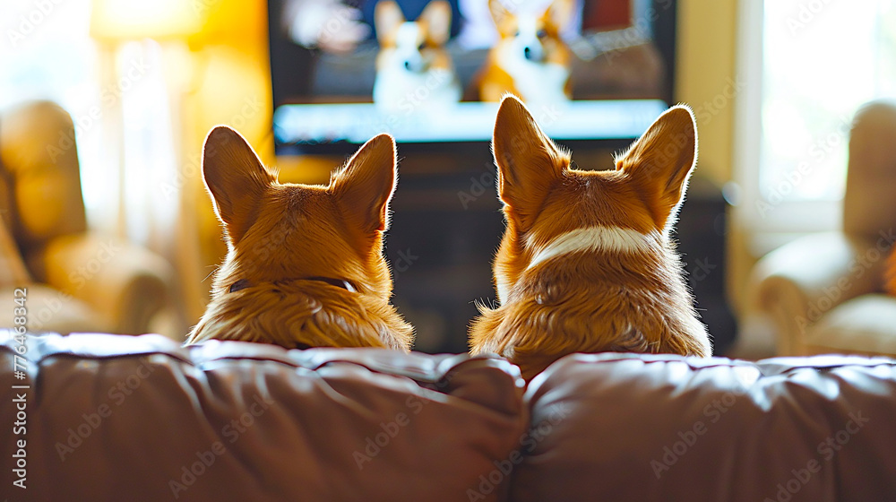 Poster Dogs sitting in the living room watching a dog show..