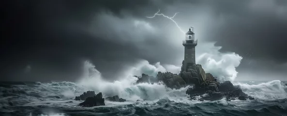 Selbstklebende Fototapeten Lighthouse in the Tempest, Lightning's Fury © Kordiush