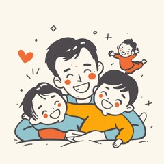 feeling anxious about raising their children,simple line drawing illustration of aasian father lying down and two children jumping on the father's back,Colorful, white background - generative ai