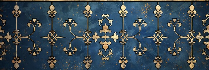Borders and ornamental medieval manuscripts. deep blues and soft beiges pattern like fleur-de-lis, vines, and heraldic symbols to enhance the medieval aesthetic created with Generative AI Technology - obrazy, fototapety, plakaty