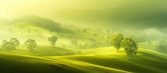 Serene Misty Hills at Sunrise with Trees
