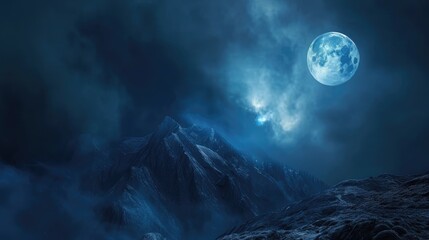 Full Moon Over Snowy Mountain Landscape at Night