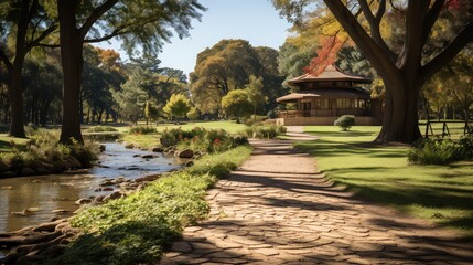 Fototapeta na wymiar City park with paths in autumn day UHD Wallpaper