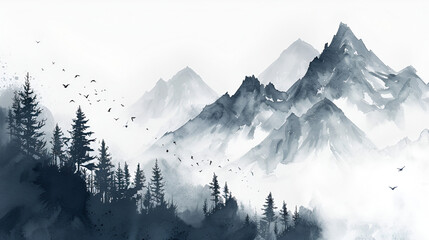 Background with mountains. Ink mountain landscape, Chinese ink and water landscape painting, Foggy watercolor mountains, hills and trees isolated elements ,mountains watercolor forest, Generative Ai  - obrazy, fototapety, plakaty