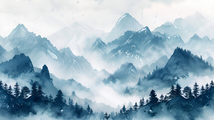 Background with mountains. Ink mountain landscape, Chinese ink and water landscape painting, Foggy watercolor mountains, hills and trees isolated elements ,mountains watercolor forest, Generative Ai 