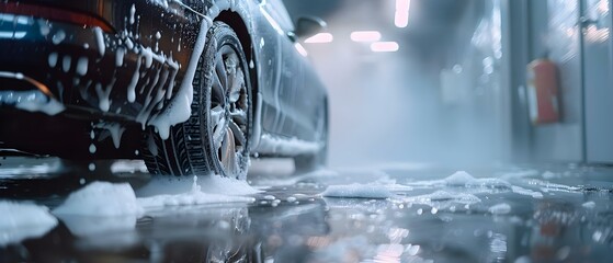 Manually Washing a Car with White Soap Foam and High-Pressure Water. Concept Car Detailing, Washing Techniques, High-Pressure Cleaning, White Soap Foam, Manual Car Wash - obrazy, fototapety, plakaty