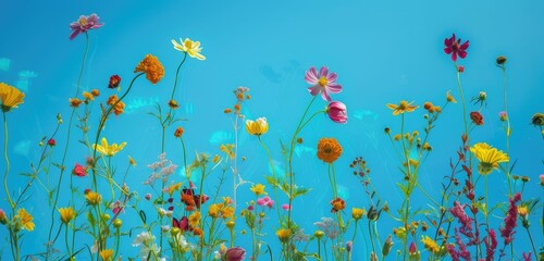 Vibrant Wildflowers Blooming Under Clear Blue Sky