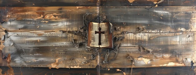 Antique Holy Book with Cross on Rustic Wood