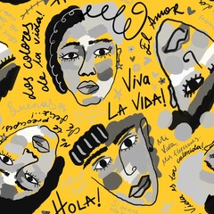 Abstract Hand Drawing Woman Girl Faces with Hand Writiring Quotes Slogans Motivation Text Seamless Pop Art Retro Textile Pattern Isolated Background © Didem