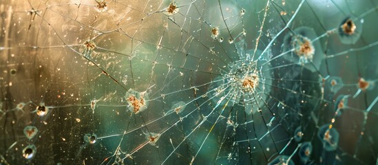A shattered glass window covered in numerous water droplets - obrazy, fototapety, plakaty