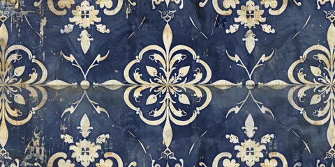 Fotobehang Borders and ornamental medieval manuscripts. deep blues and soft beiges pattern like fleur-de-lis, vines, and heraldic symbols to enhance the medieval aesthetic created with Generative AI Technology © Sentoriak