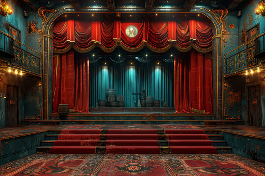 A historic theater staging Shakespearean plays alongside a cinema showing blockbuster movies. Concept of entertainment evolution. Generative Ai.