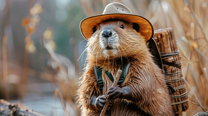Funny beaver dressed as a traveler-naturalist