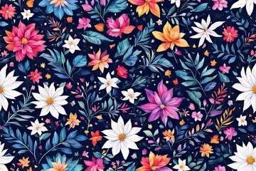 Fototapeta na wymiar Striking, colorful flower painting with intricate details, vivid hues, beautifully contrasted against dark, black background. For interior design, textiles, clothing, gift wrapping, web design, print.