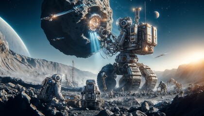 Robots and humans in space, extracting precious minerals from an asteroid, the future of space mining - obrazy, fototapety, plakaty