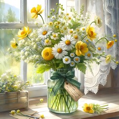 Vase filled with yellow and white flowers , lovely bouquet for Mother's Day