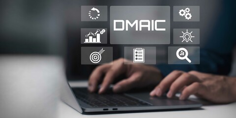 A businessman using laptop on DMAIC concept. Define, Measure, Analyze, Improve and Control.