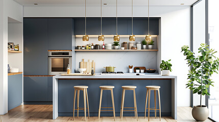 The kitchen features modern blue cabinetry and a contemporary design.