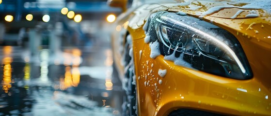Cleaning a yellow car headlight with foam at a car wash. Concept Car Wash, Headlight Restoration, Foam Cleaning, Vehicle Maintenance, Auto Detailing - obrazy, fototapety, plakaty