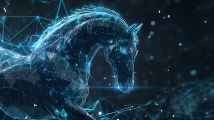 Digitales Pferd aus Netzwerkknoten, Konzept Trojaner im Netzwerk, Cyber Security - obrazy, fototapety, plakaty