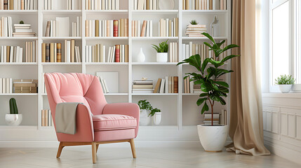 Fototapeta na wymiar The room exudes a sense of comfort and tranquility. A large white bookshelf dominates the space