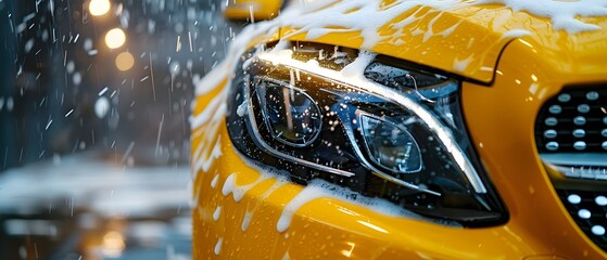 Closeup of yellow car headlight being cleaned with foam at car wash. Concept Automotive Maintenance, Car Wash, Detailing, Yellow Headlight, Cleaning Foam
