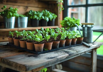 Gartengeräte und Setzlinge auf einem alten Holztisch, Erde und Pflanzen, Gemüsegarten, Konzept Gartenarbeit im Frühling - obrazy, fototapety, plakaty